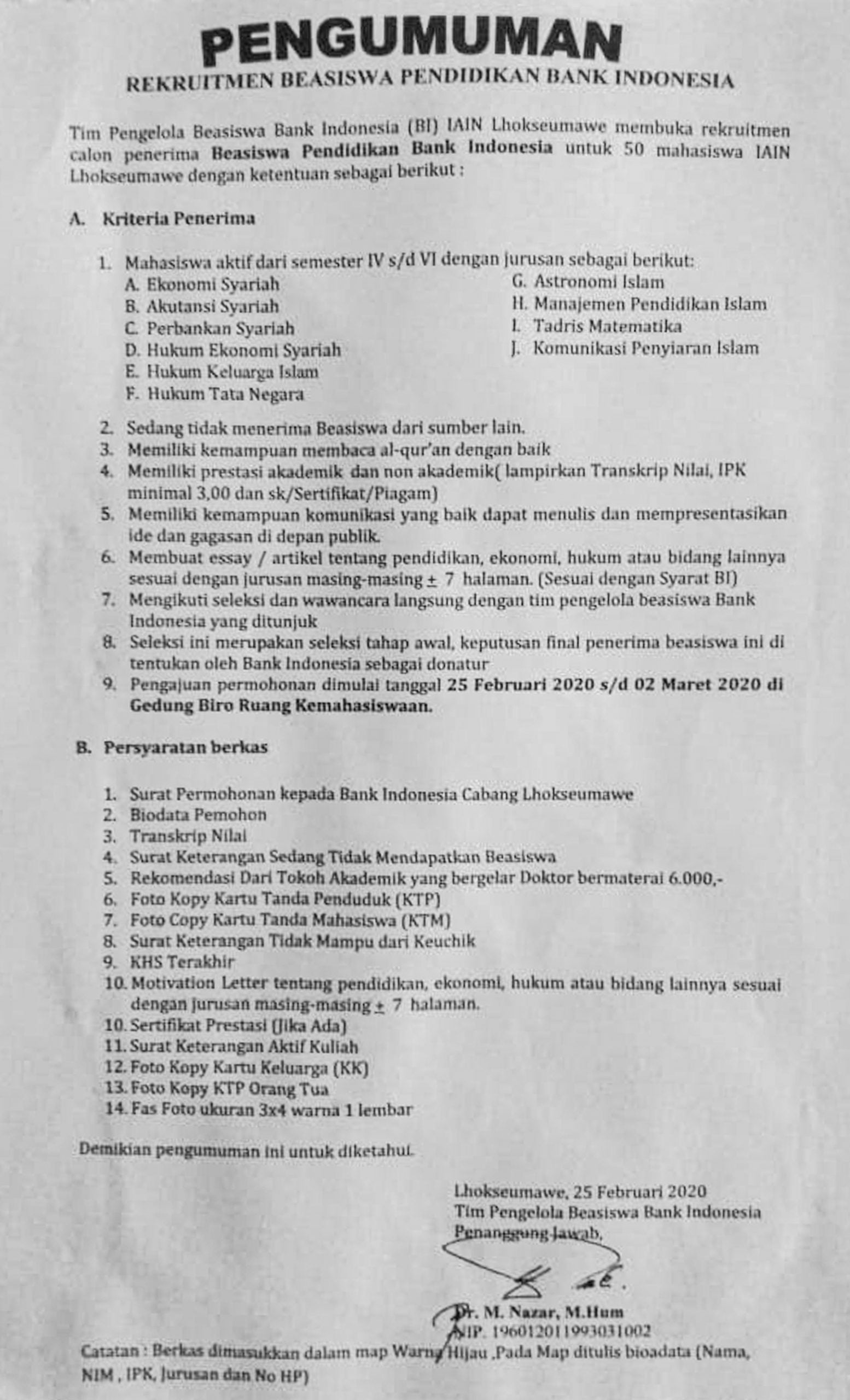 Pengumuman Beasiswa Pendidikan BI